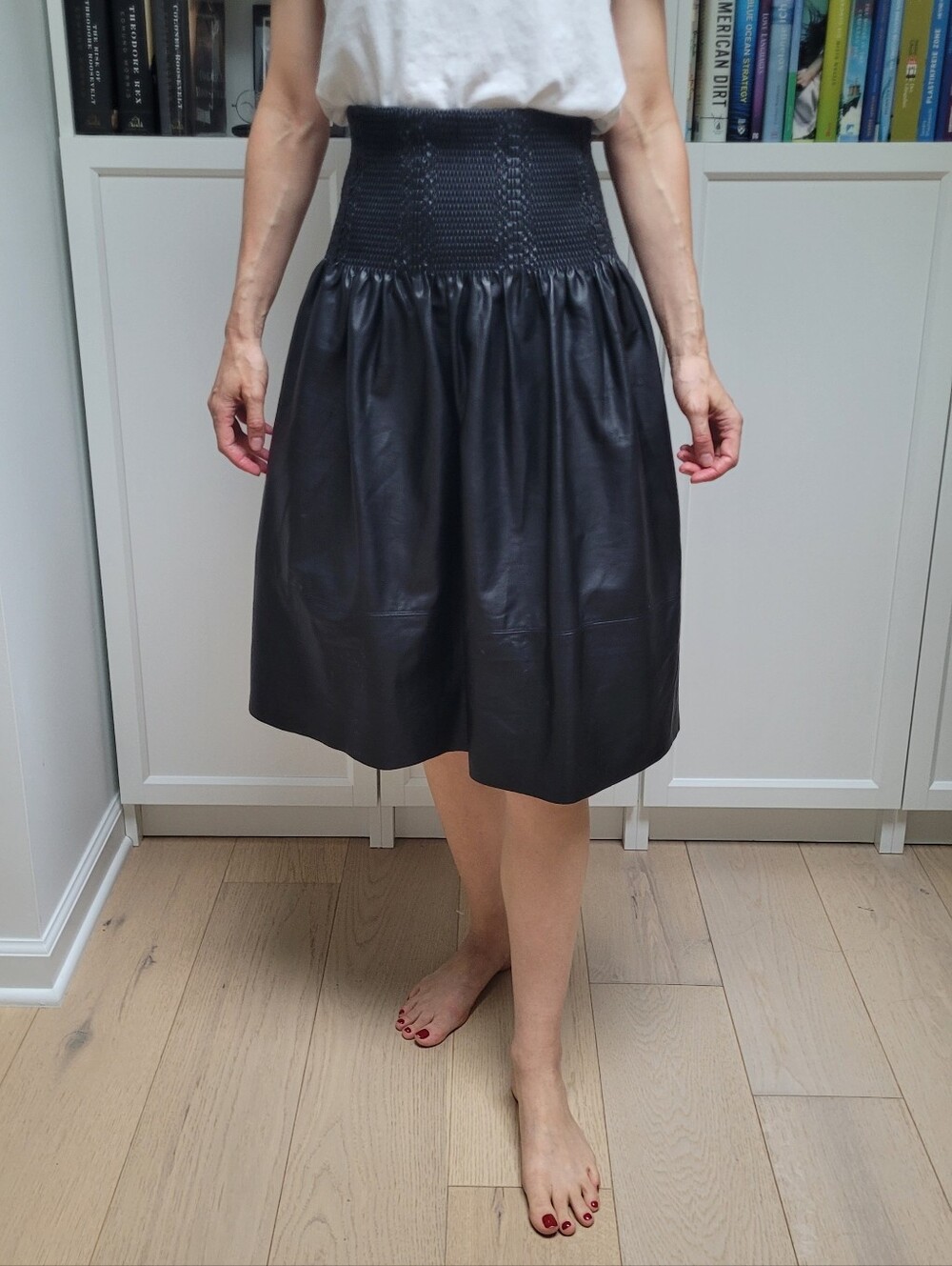 Current Air Black Smocked-Waist Faux Leather Midi Skirt